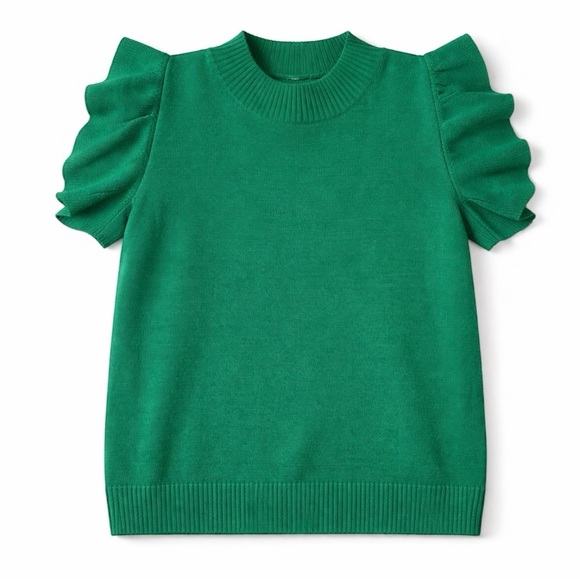 Emerald Green Ruffle Sleeve Knit Top Size L | Puff Sleeve Sweater Blouse Chic - Picture 2 of 5